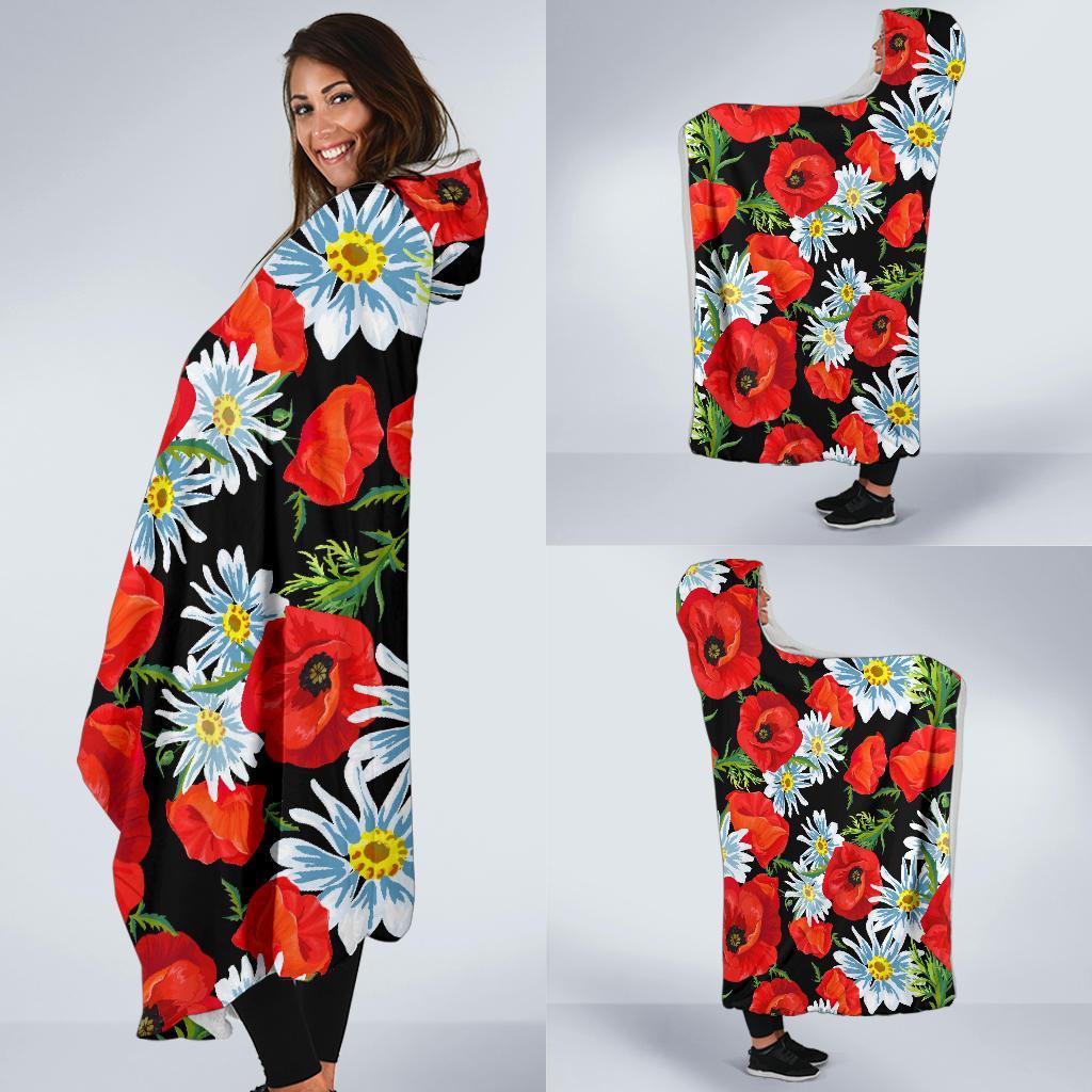 Floral Red Poppy Pattern Print Hooded Blanket-grizzshop