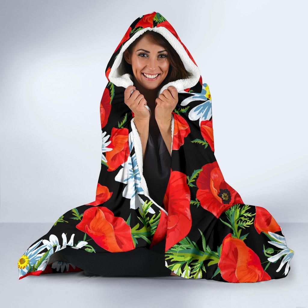 Floral Red Poppy Pattern Print Hooded Blanket-grizzshop