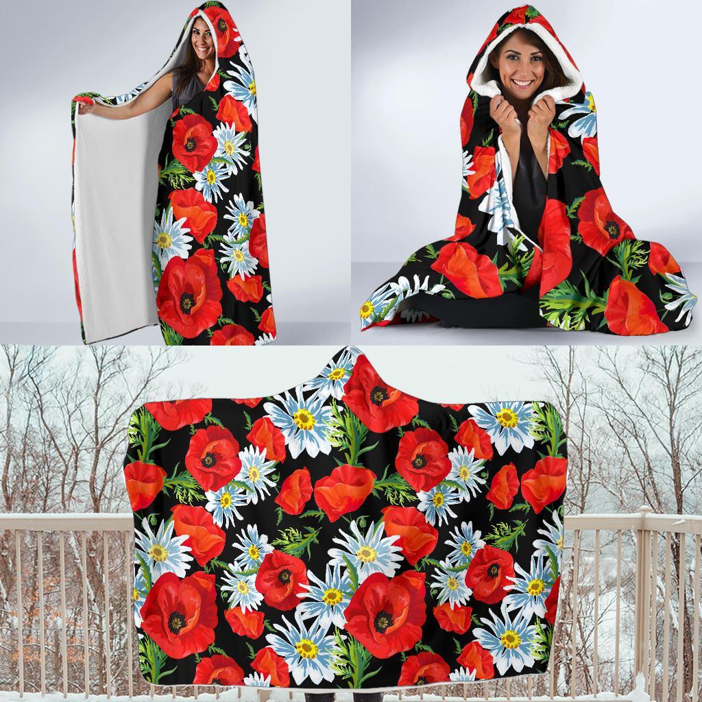 Floral Red Poppy Pattern Print Hooded Blanket-grizzshop