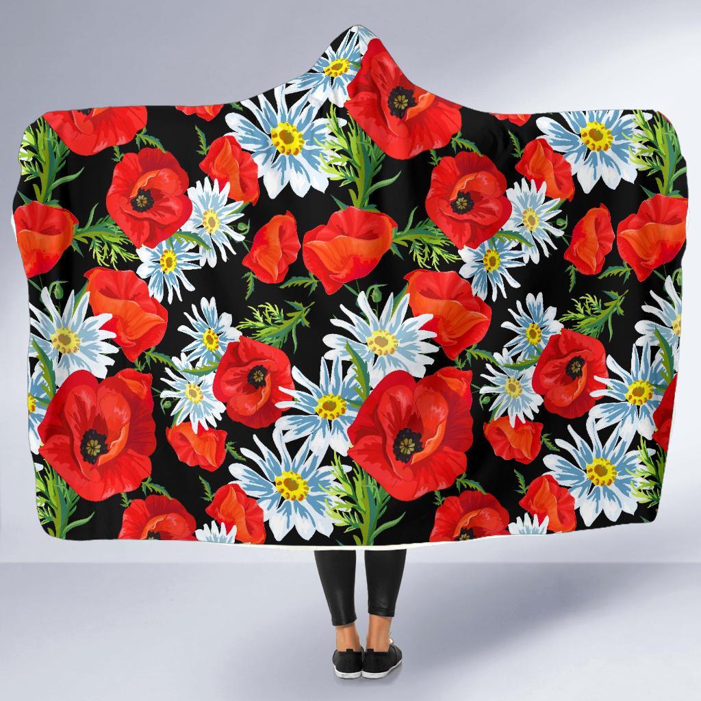 Floral Red Poppy Pattern Print Hooded Blanket-grizzshop