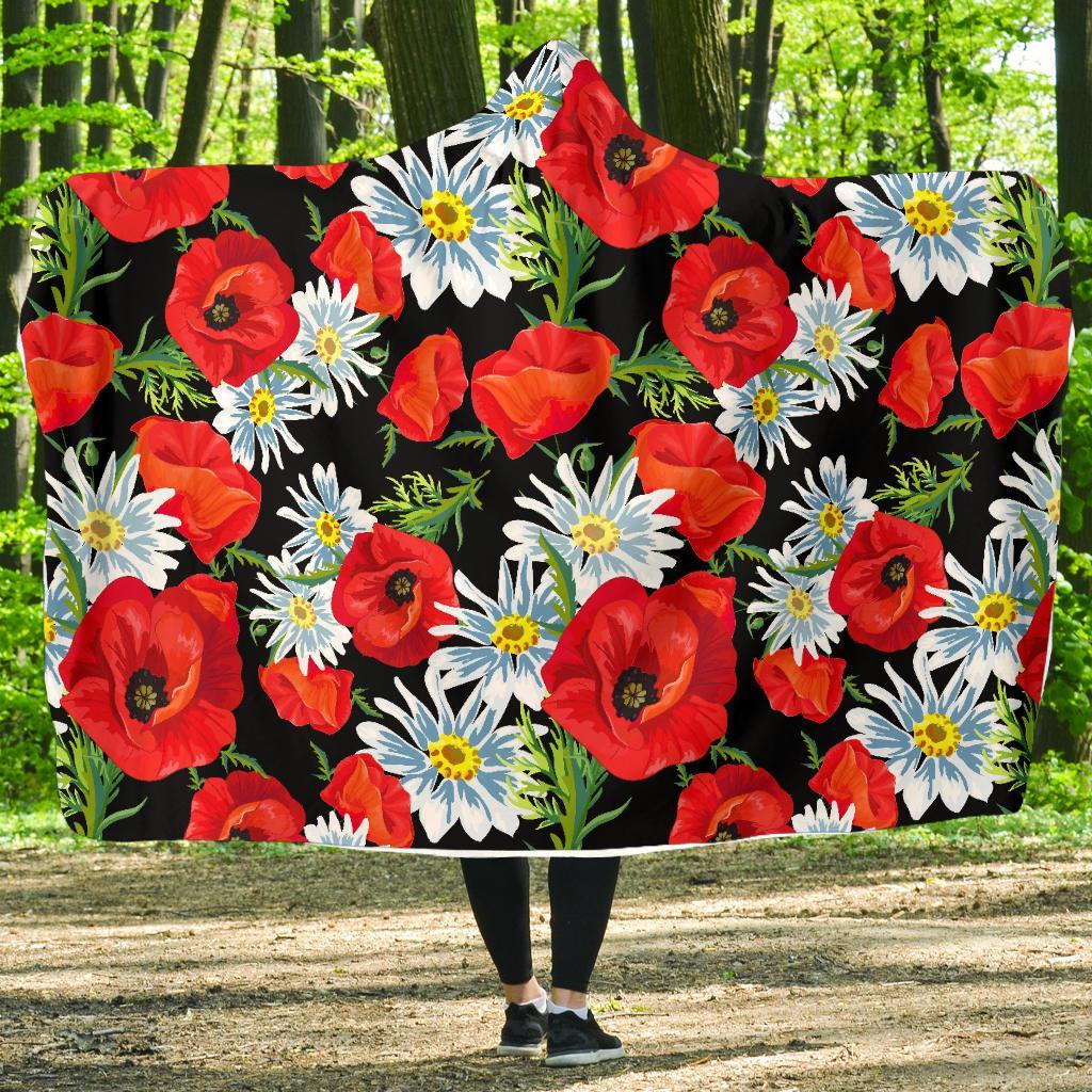 Floral Red Poppy Pattern Print Hooded Blanket-grizzshop
