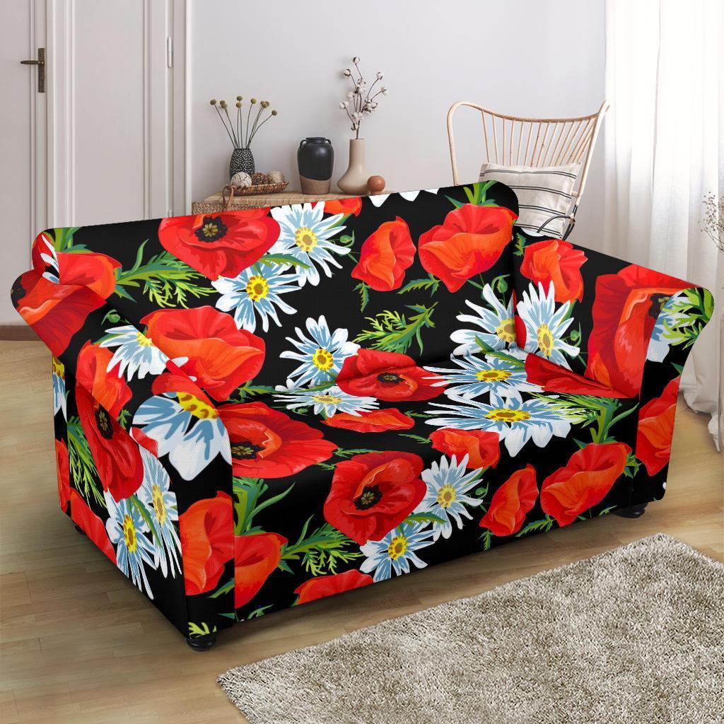 Floral Red Poppy Pattern Print Loveseat Cover-grizzshop