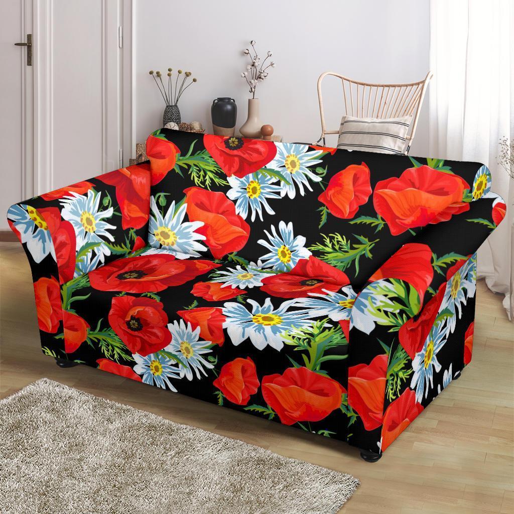 Floral Red Poppy Pattern Print Loveseat Cover-grizzshop