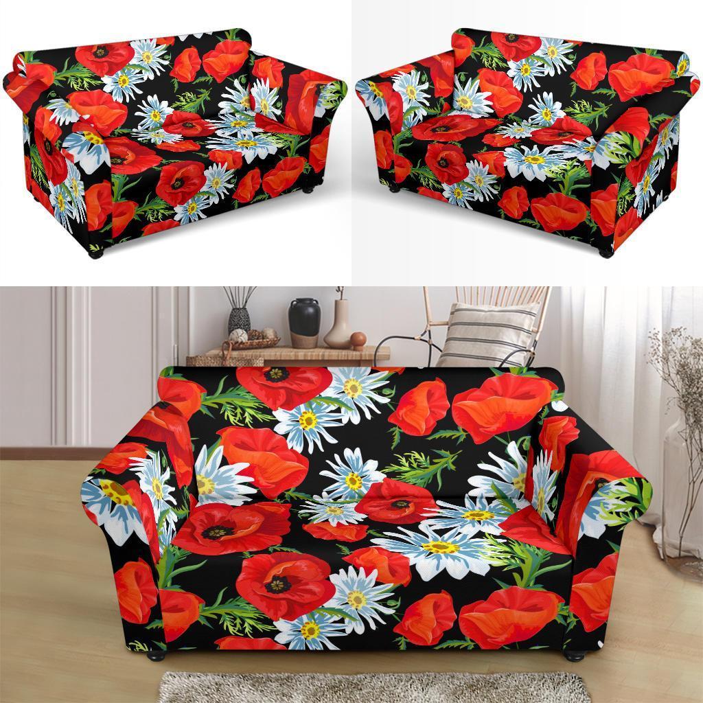 Floral Red Poppy Pattern Print Loveseat Cover-grizzshop