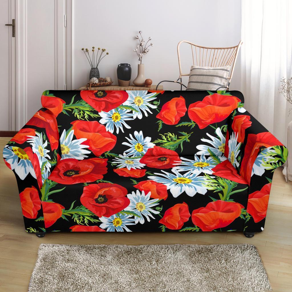 Floral Red Poppy Pattern Print Loveseat Cover-grizzshop