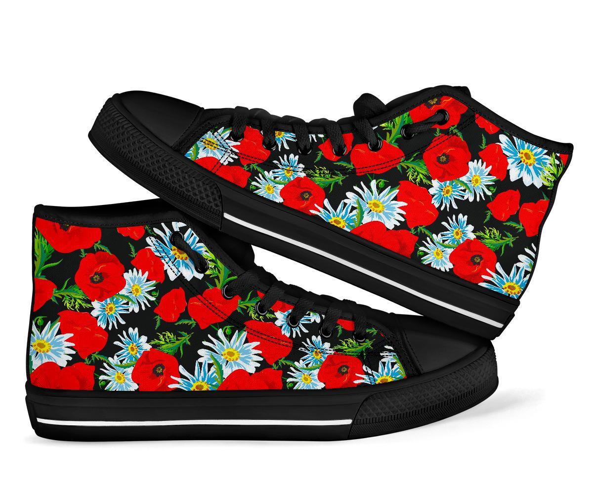 Floral Red Poppy Pattern Print Men Women's High Top Shoes-grizzshop