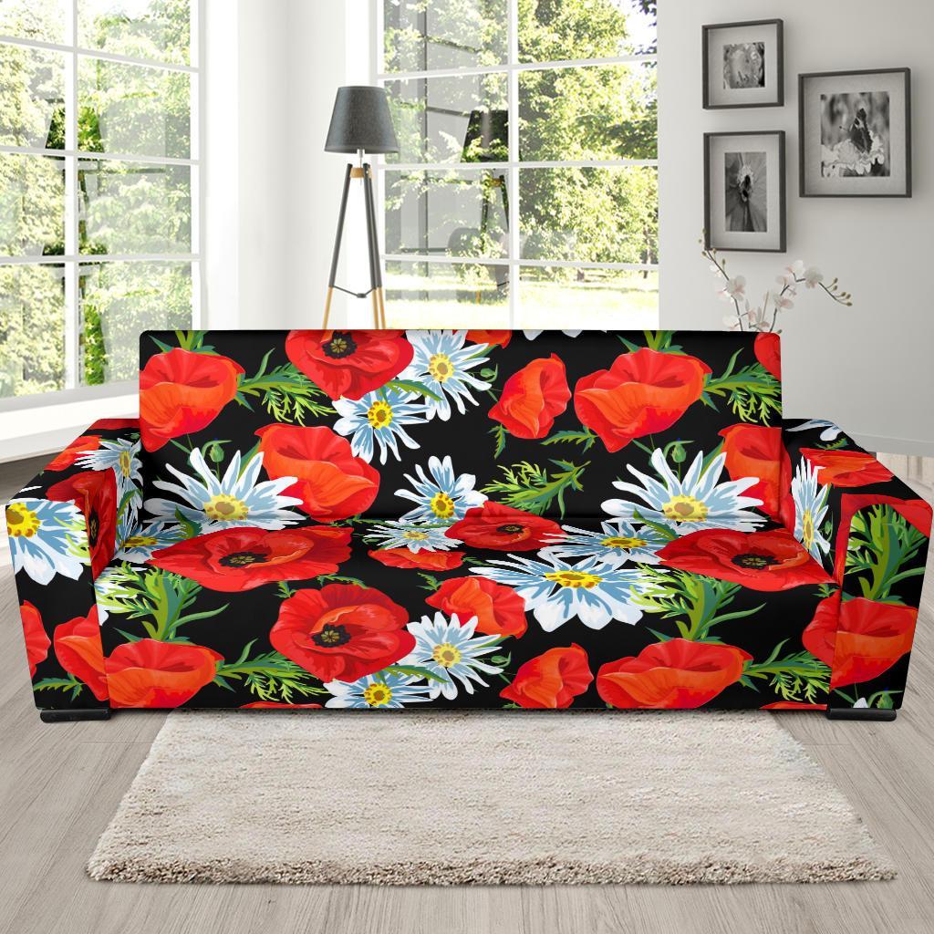 Floral Red Poppy Pattern Print Sofa Covers-grizzshop