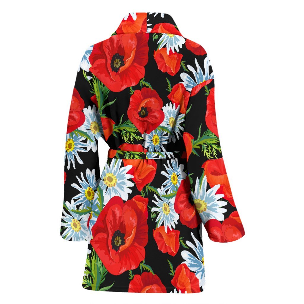 Floral Red Poppy Pattern Print Women Long Robe-grizzshop