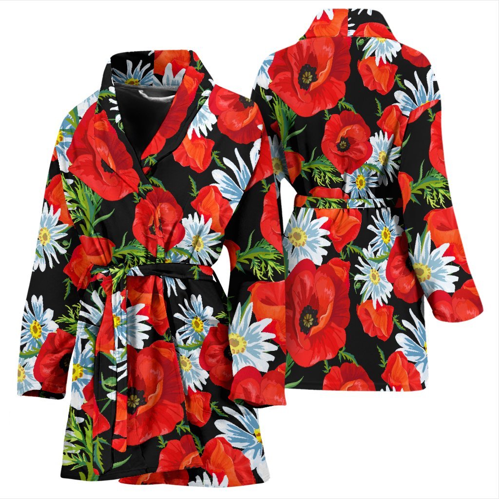 Floral Red Poppy Pattern Print Women Long Robe-grizzshop