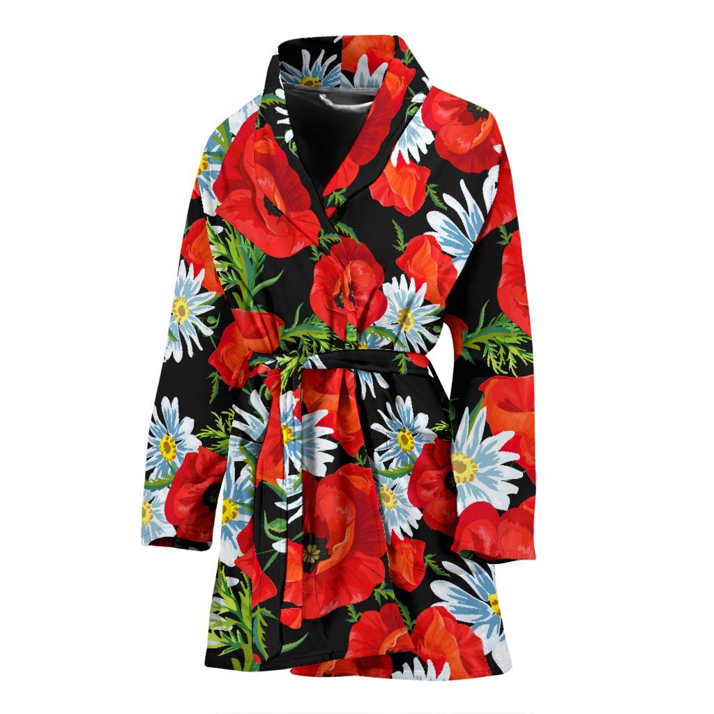 Floral Red Poppy Pattern Print Women Long Robe-grizzshop