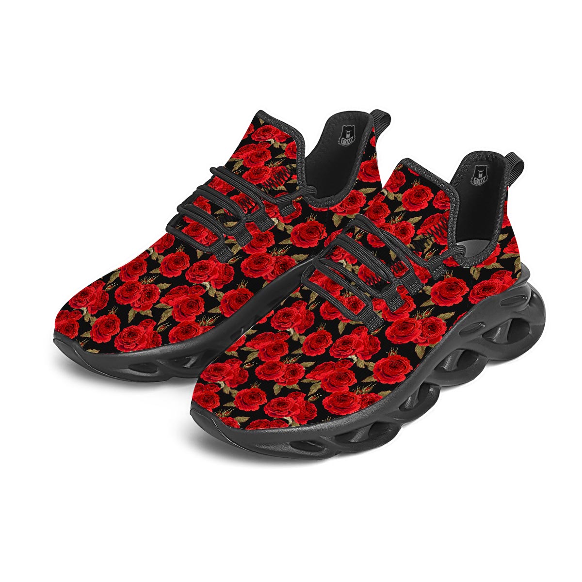 Floral Red Rose Print Pattern Black Running Shoes-grizzshop