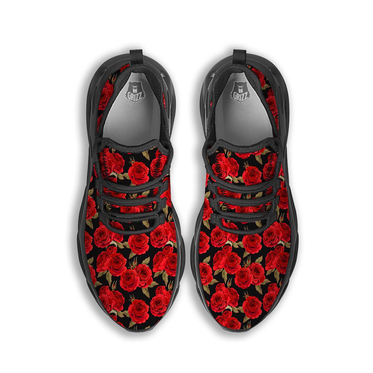 Floral Red Rose Print Pattern Black Running Shoes-grizzshop