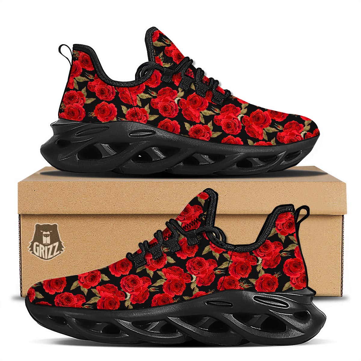 Floral Red Rose Print Pattern Black Running Shoes-grizzshop