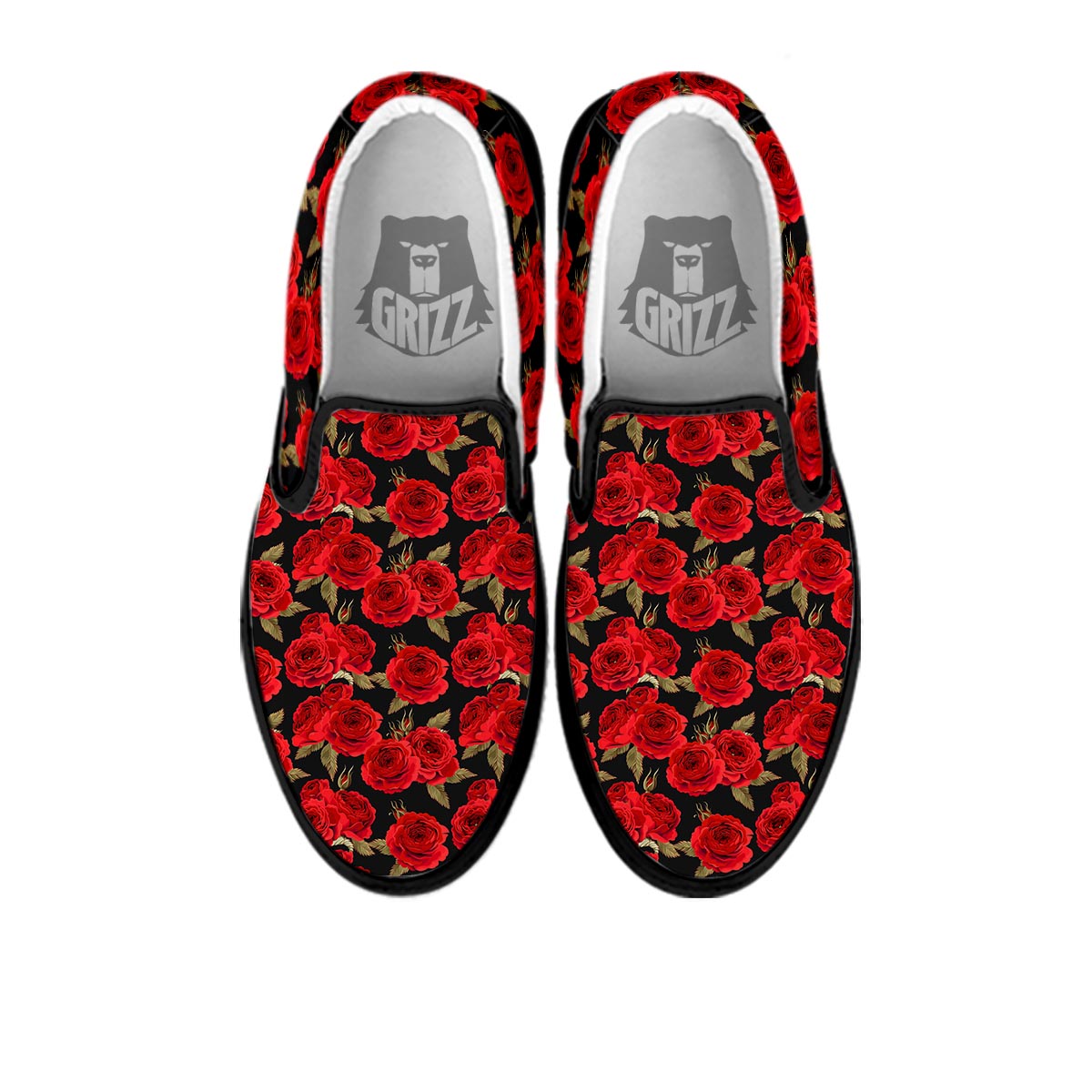 Floral Red Rose Print Pattern Black Slip On Shoes-grizzshop
