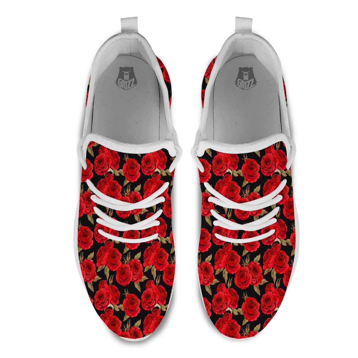 Floral Red Rose Print Pattern White Athletic Shoes-grizzshop