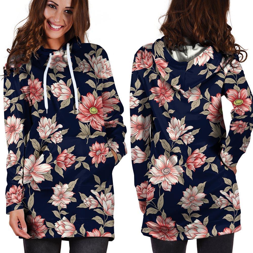 Floral Rose Print Hoodie Dress-grizzshop