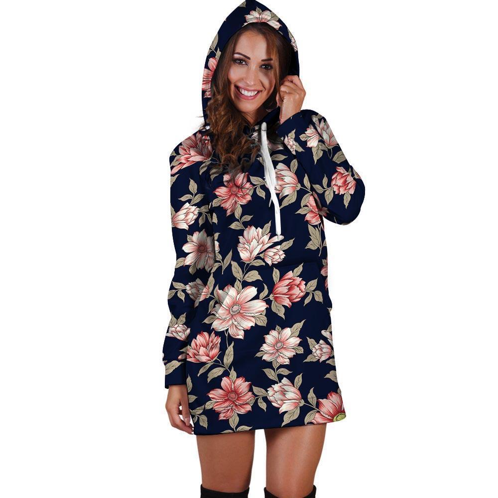 Floral Rose Print Hoodie Dress-grizzshop