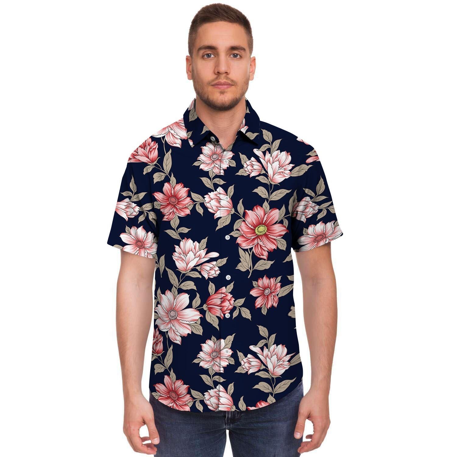 Floral Rose Print Men's Short Sleeve Shirt-grizzshop