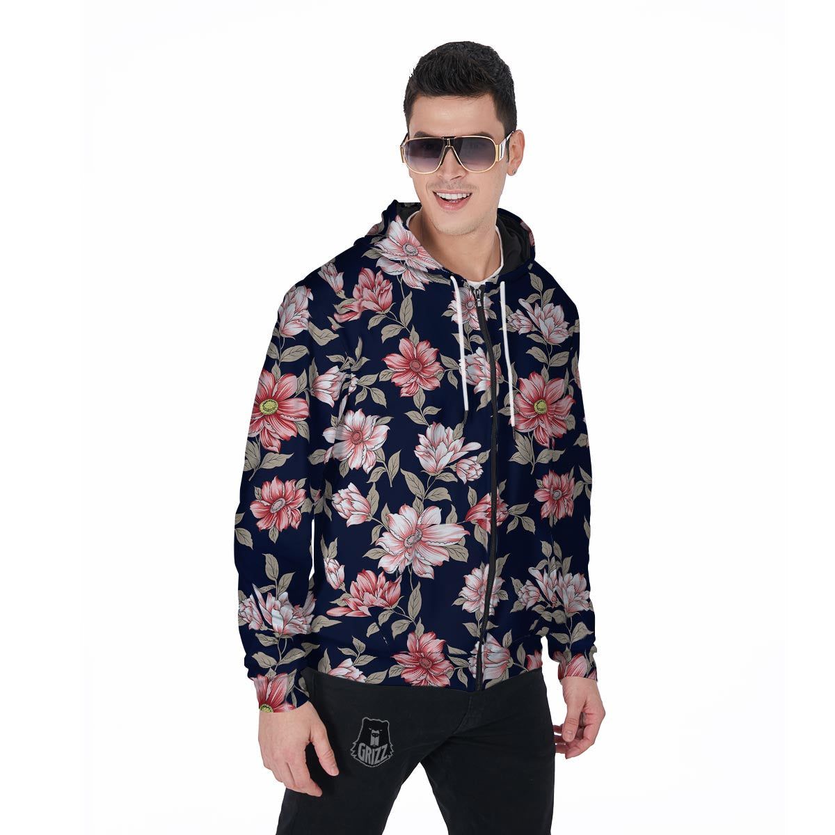 Floral Rose Print Men's Zip Up Hoodie-grizzshop