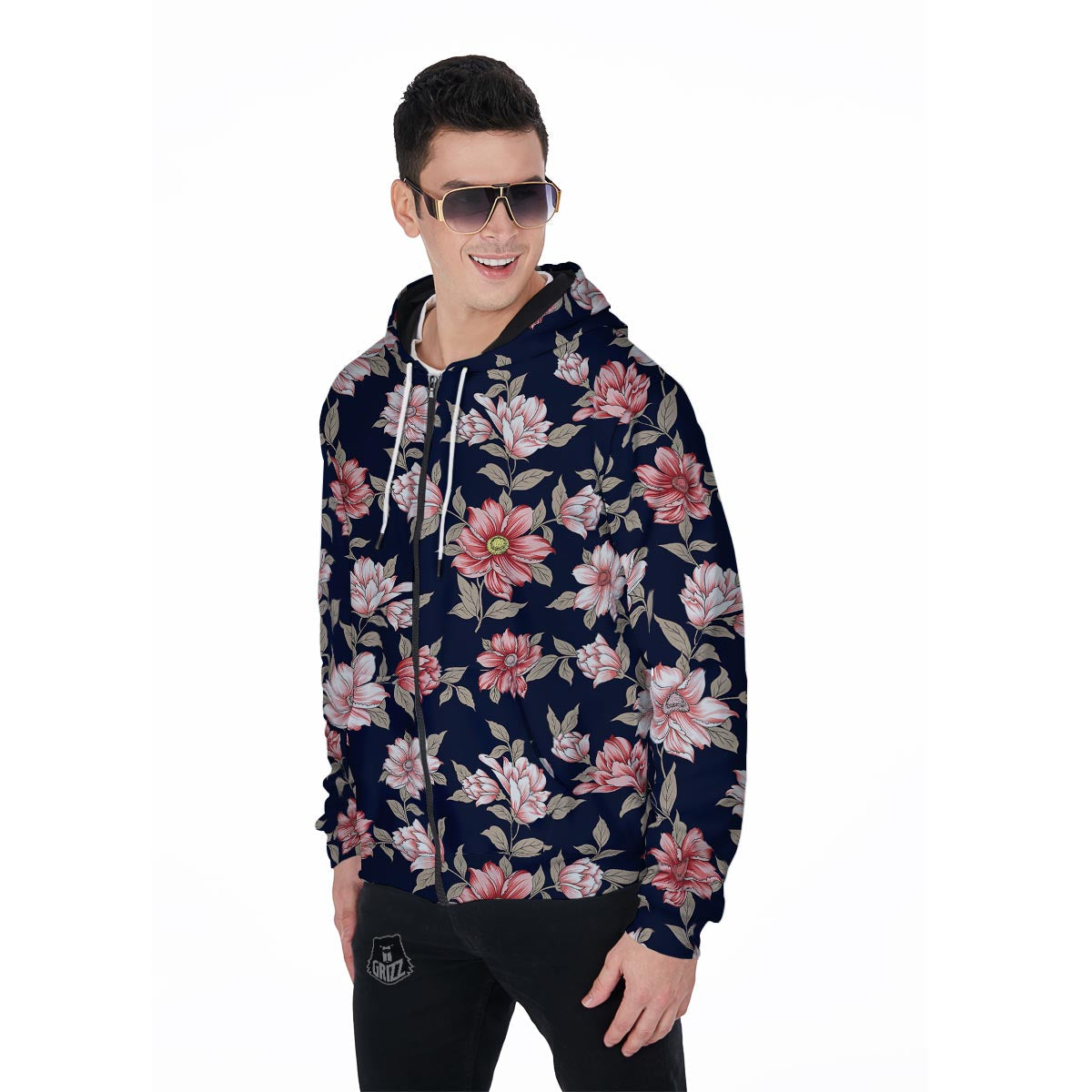 Floral Rose Print Men's Zip Up Hoodie-grizzshop