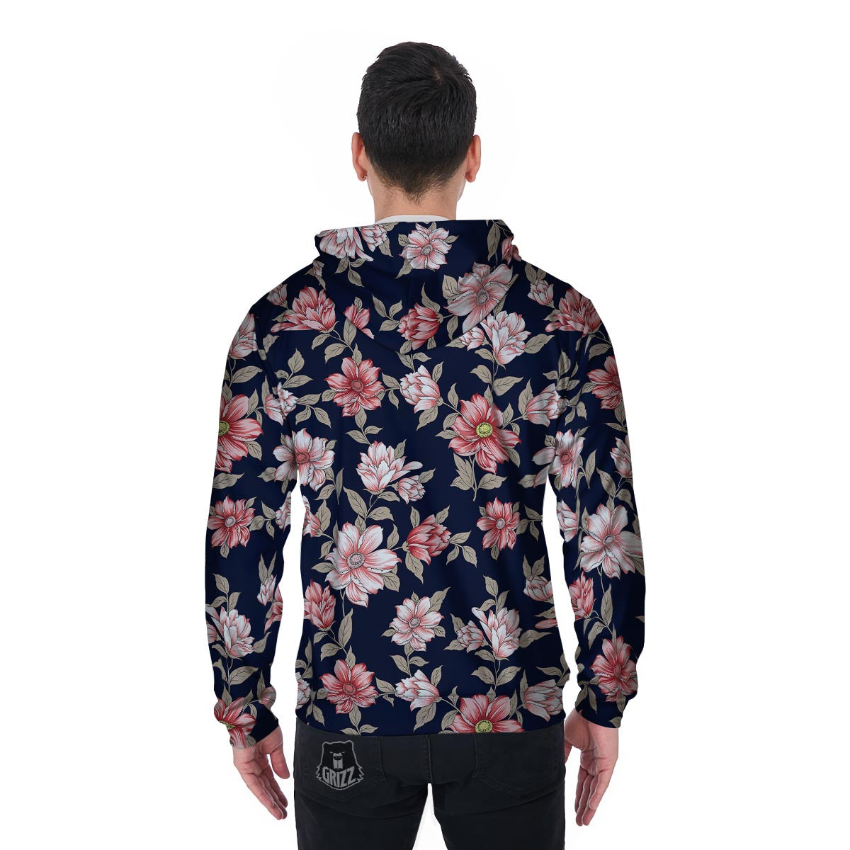Floral Rose Print Men's Zip Up Hoodie-grizzshop