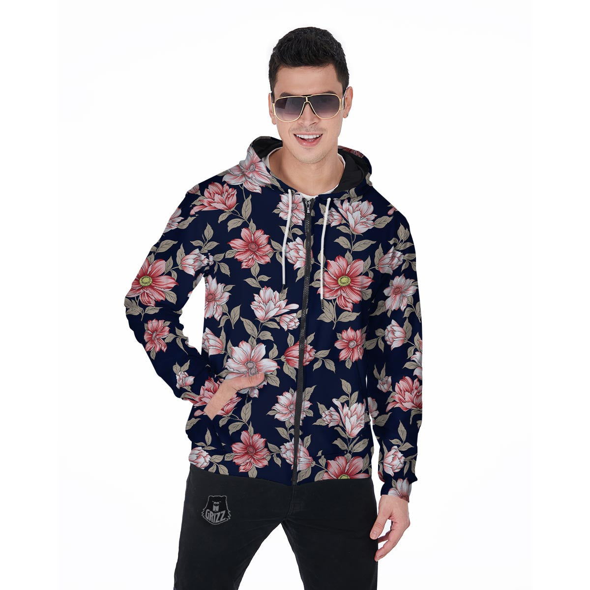 Floral Rose Print Men's Zip Up Hoodie-grizzshop