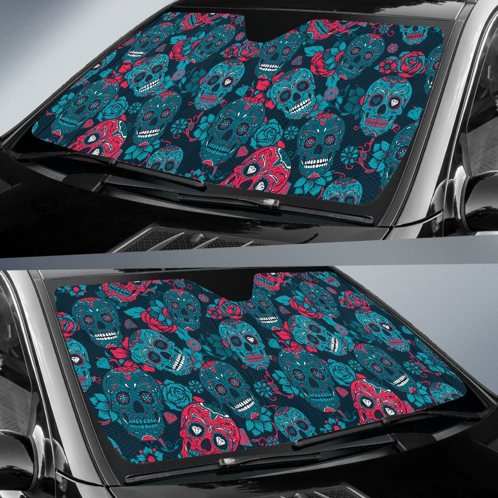 Floral Rose Sugar Skull Skeleton Girly Pattern Print Car Sun Shade-grizzshop
