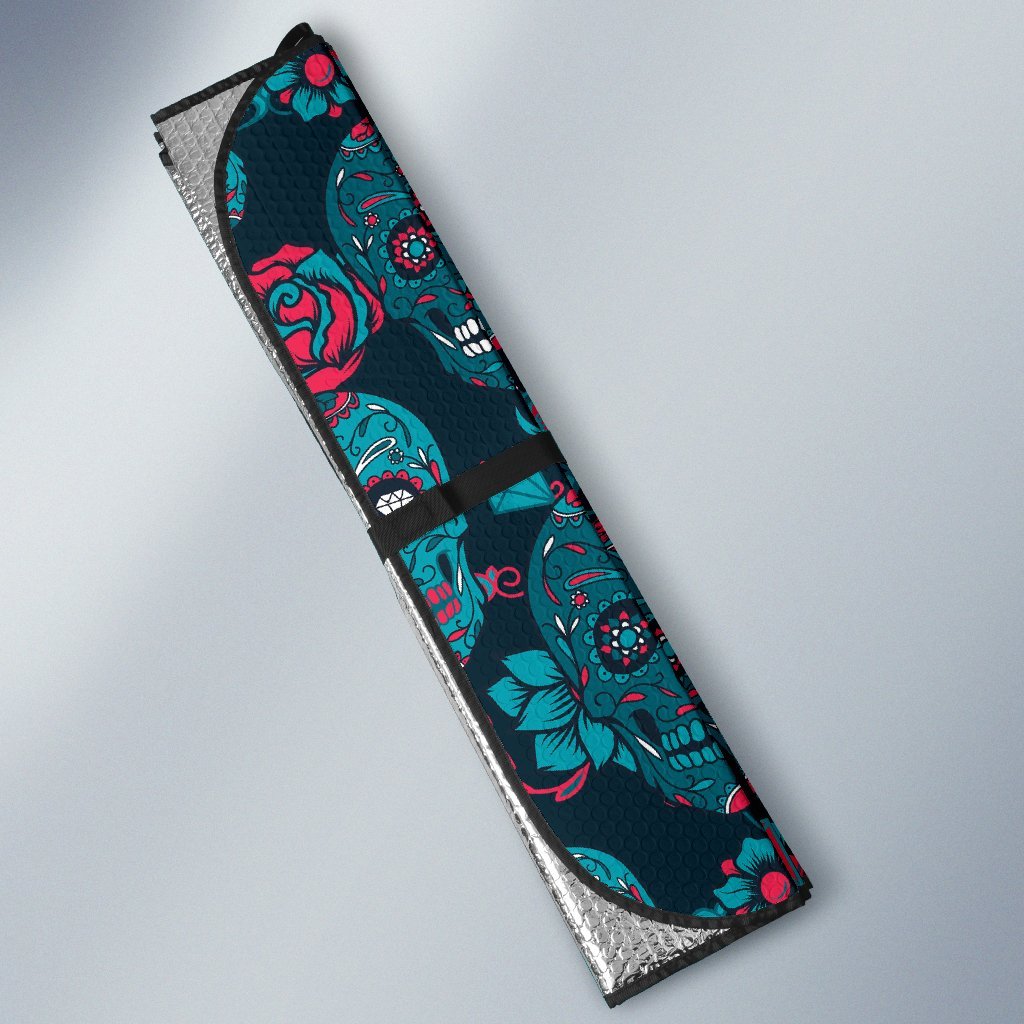 Floral Rose Sugar Skull Skeleton Girly Pattern Print Car Sun Shade-grizzshop