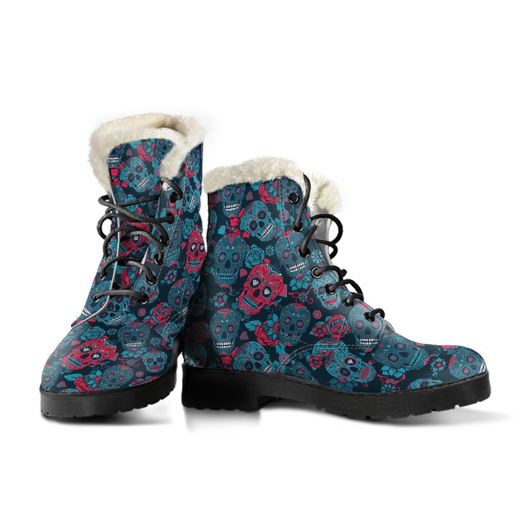 Floral Rose Sugar Skull Skeleton Girly Pattern Print Comfy Winter Boots-grizzshop