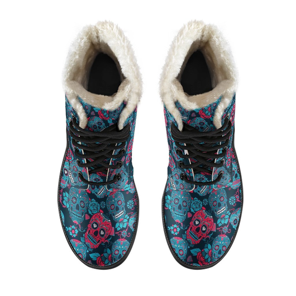 Floral Rose Sugar Skull Skeleton Girly Pattern Print Comfy Winter Boots-grizzshop