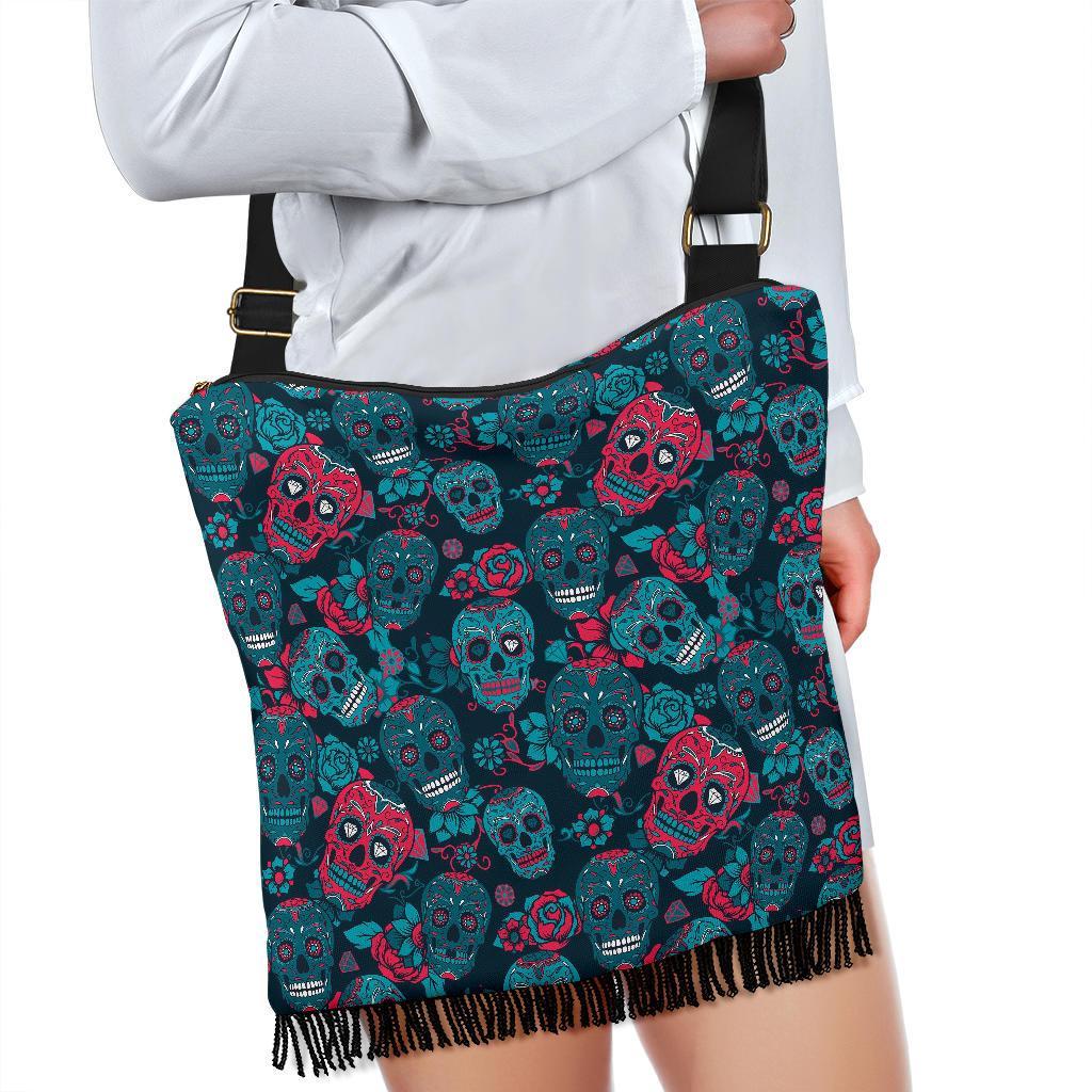 Floral Rose Sugar Skull Skeleton Girly Pattern Print Crossbody Bags-grizzshop