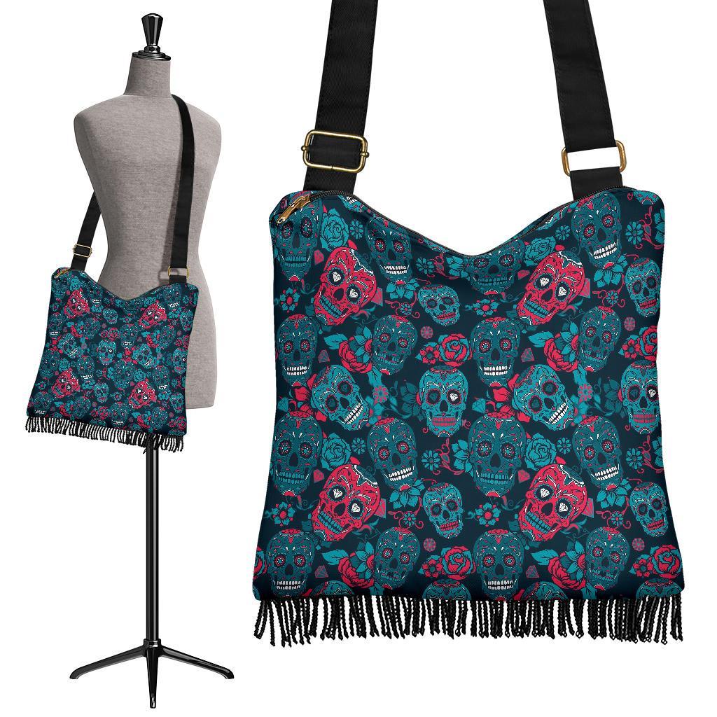 Floral Rose Sugar Skull Skeleton Girly Pattern Print Crossbody Bags-grizzshop