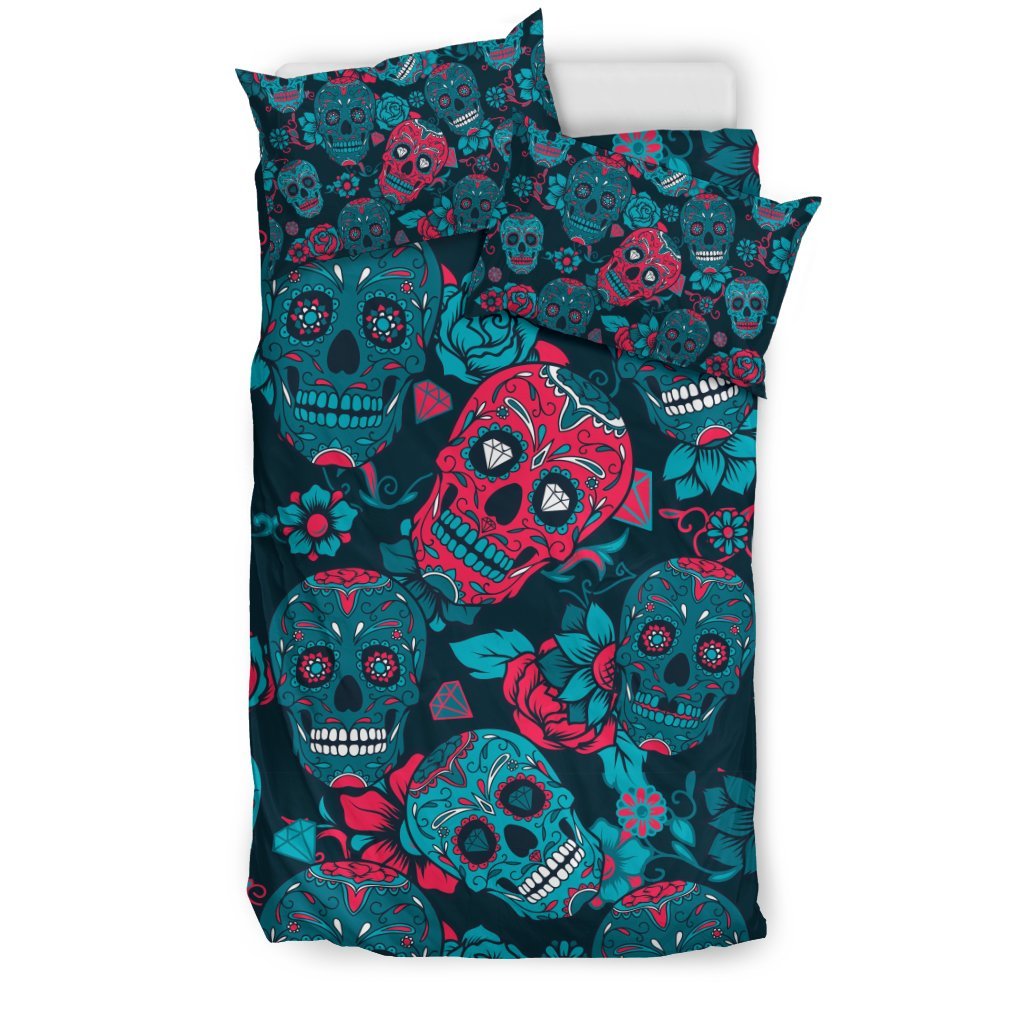 Floral Rose Sugar Skull Skeleton Girly Pattern Print Duvet Cover Bedding Set-grizzshop