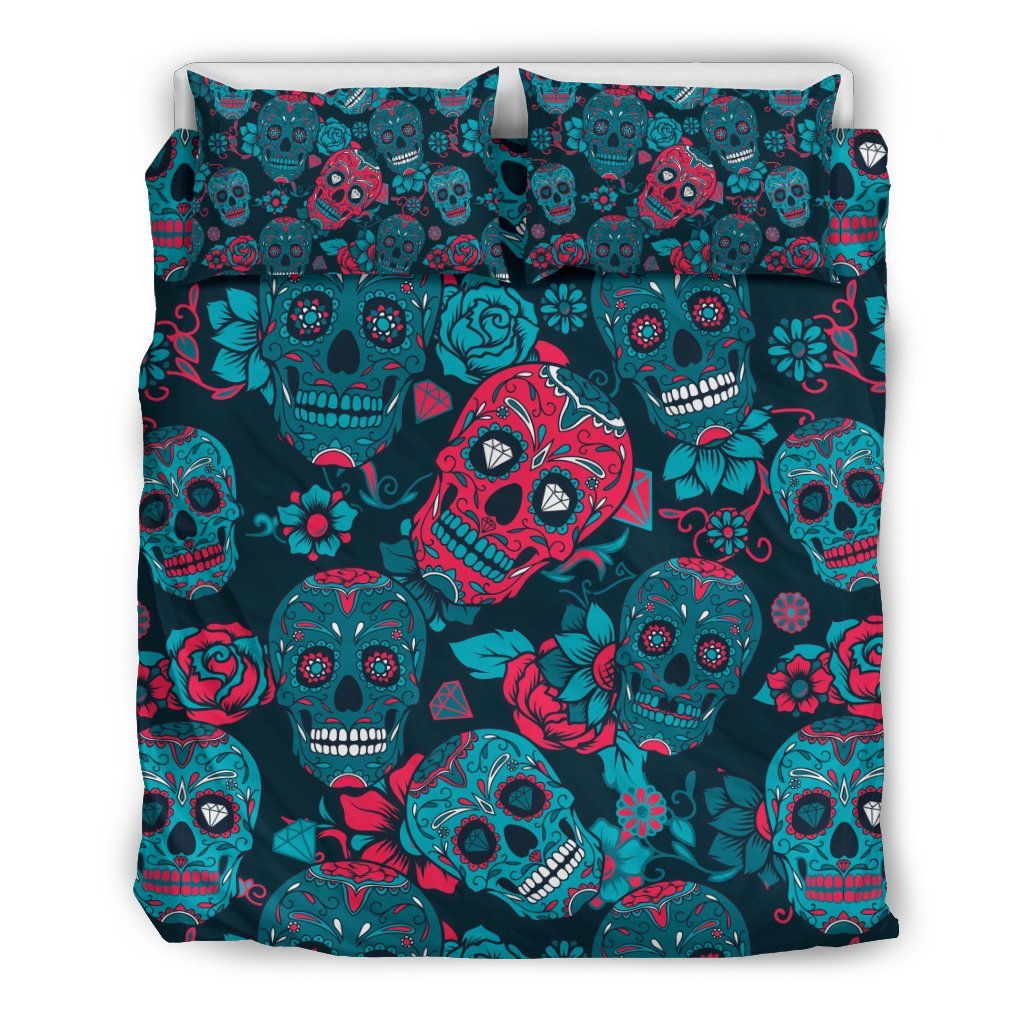 Floral Rose Sugar Skull Skeleton Girly Pattern Print Duvet Cover Bedding Set-grizzshop