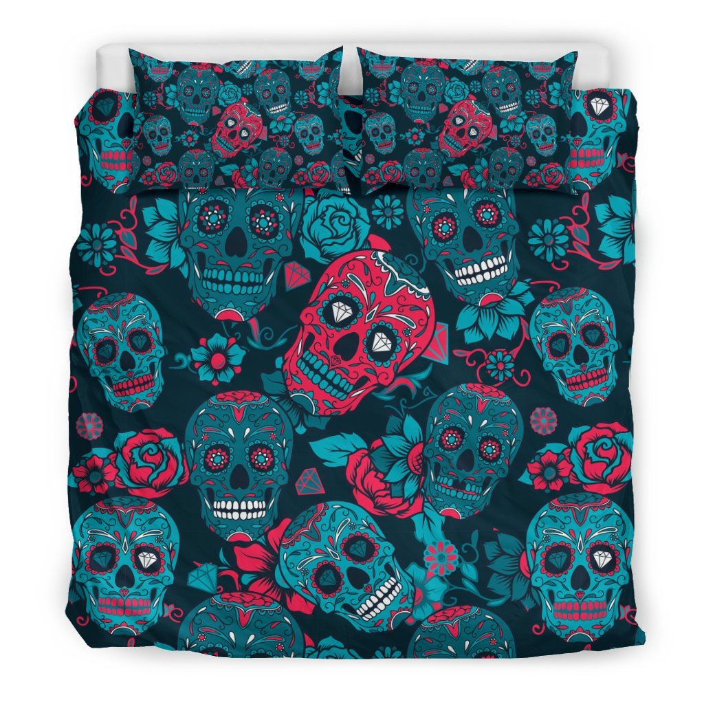 Floral Rose Sugar Skull Skeleton Girly Pattern Print Duvet Cover Bedding Set-grizzshop