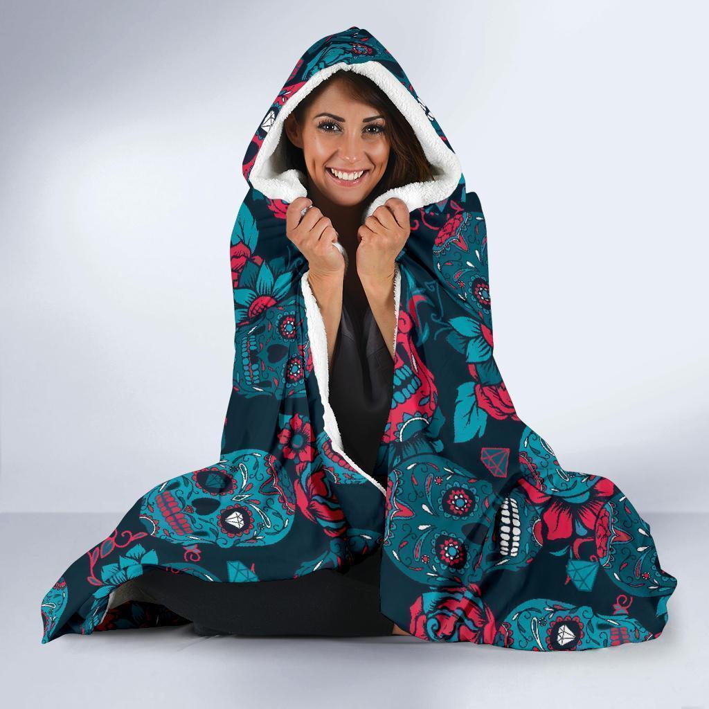 Floral Rose Sugar Skull Skeleton Girly Pattern Print Hooded Blanket-grizzshop