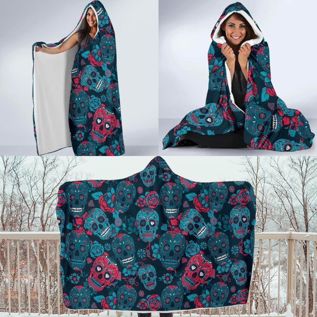 Floral Rose Sugar Skull Skeleton Girly Pattern Print Hooded Blanket-grizzshop