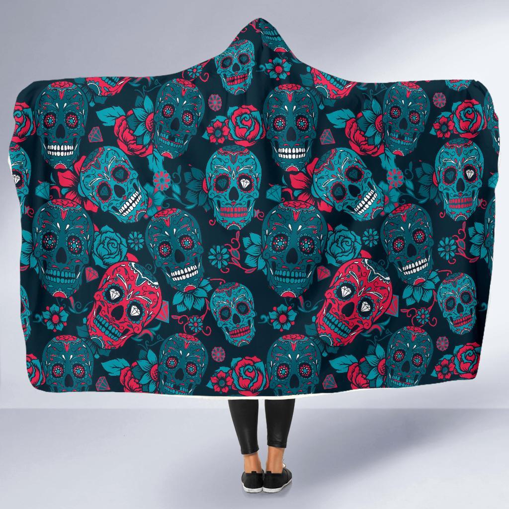 Floral Rose Sugar Skull Skeleton Girly Pattern Print Hooded Blanket-grizzshop