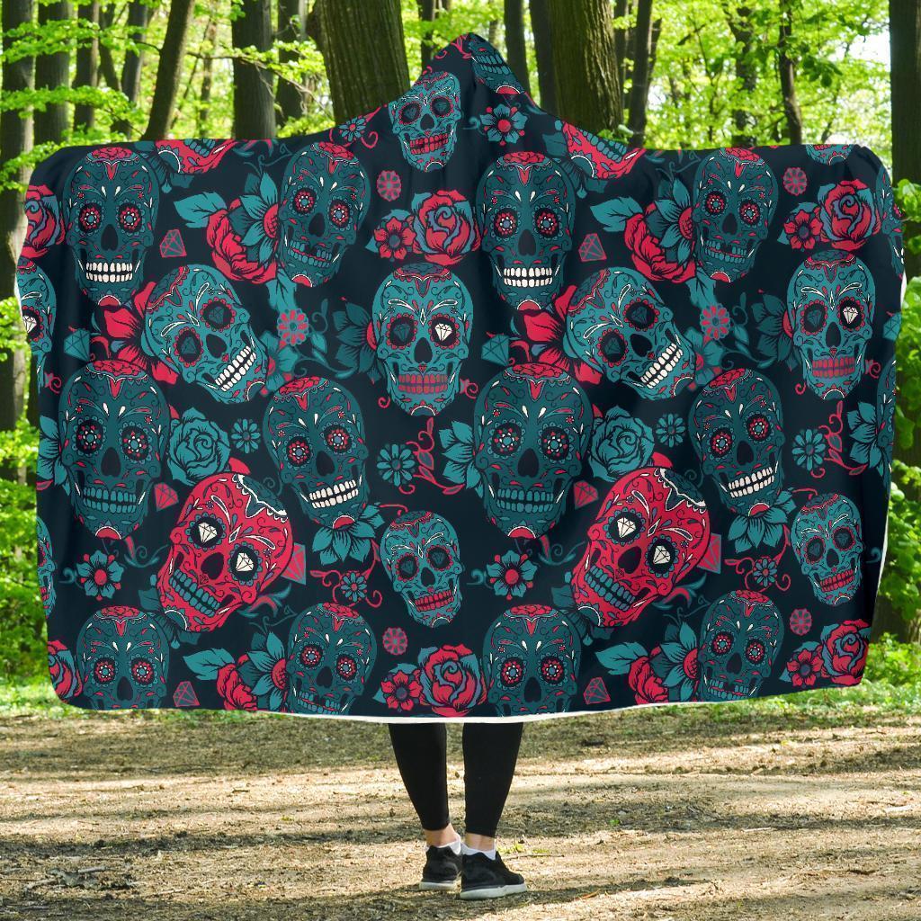 Floral Rose Sugar Skull Skeleton Girly Pattern Print Hooded Blanket-grizzshop