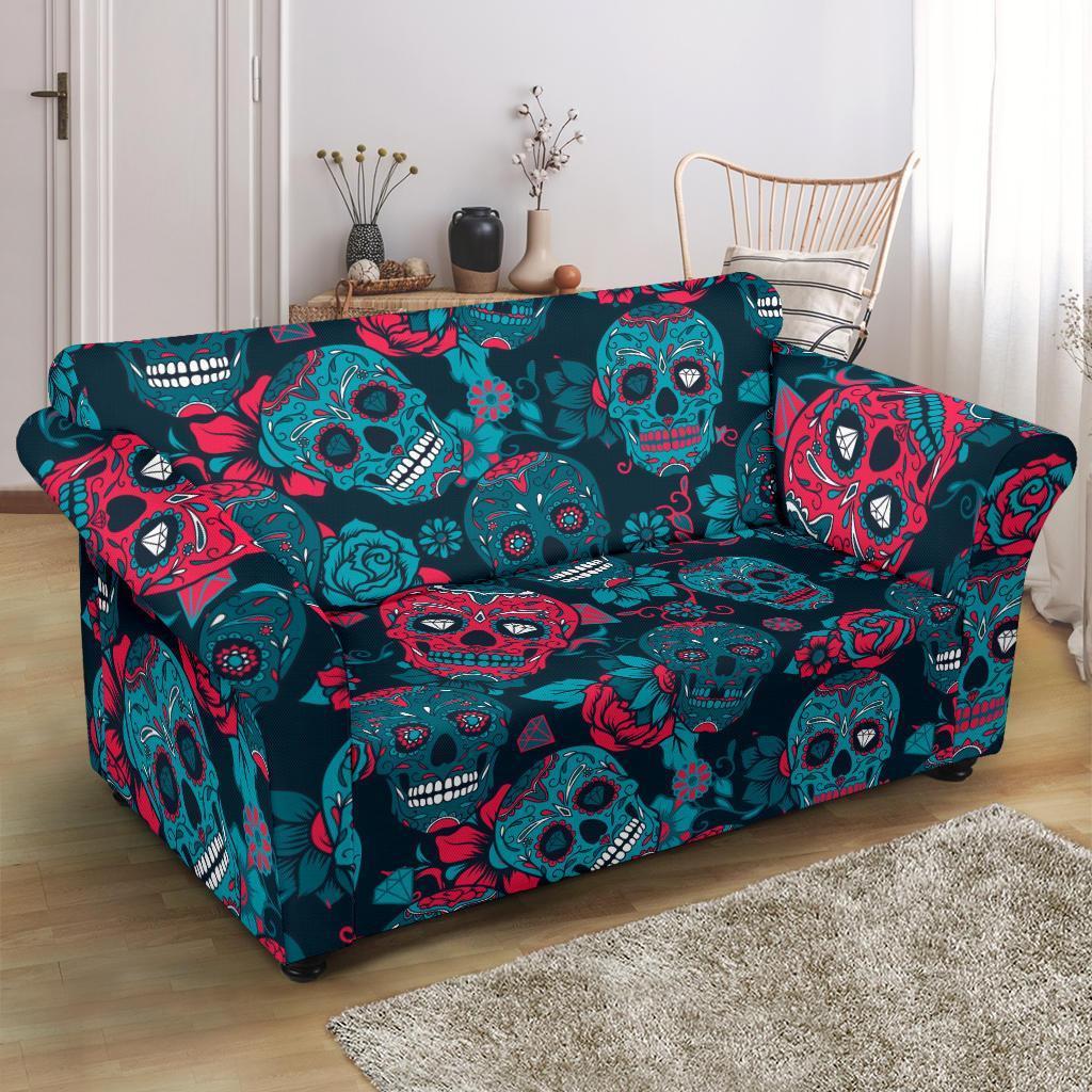 Floral Rose Sugar Skull Skeleton Girly Pattern Print Loveseat Cover-grizzshop