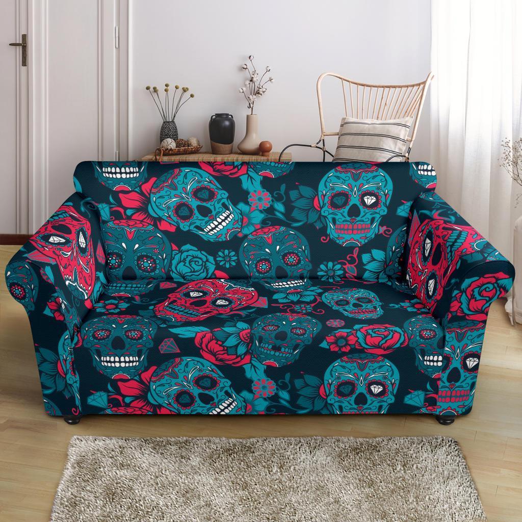 Floral Rose Sugar Skull Skeleton Girly Pattern Print Loveseat Cover-grizzshop