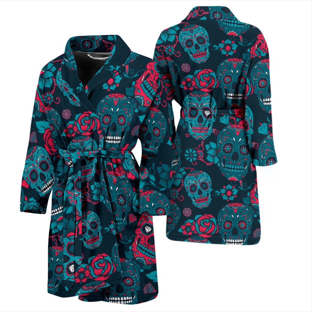 Floral Rose Sugar Skull Skeleton Girly Pattern Print Men Long Robe-grizzshop