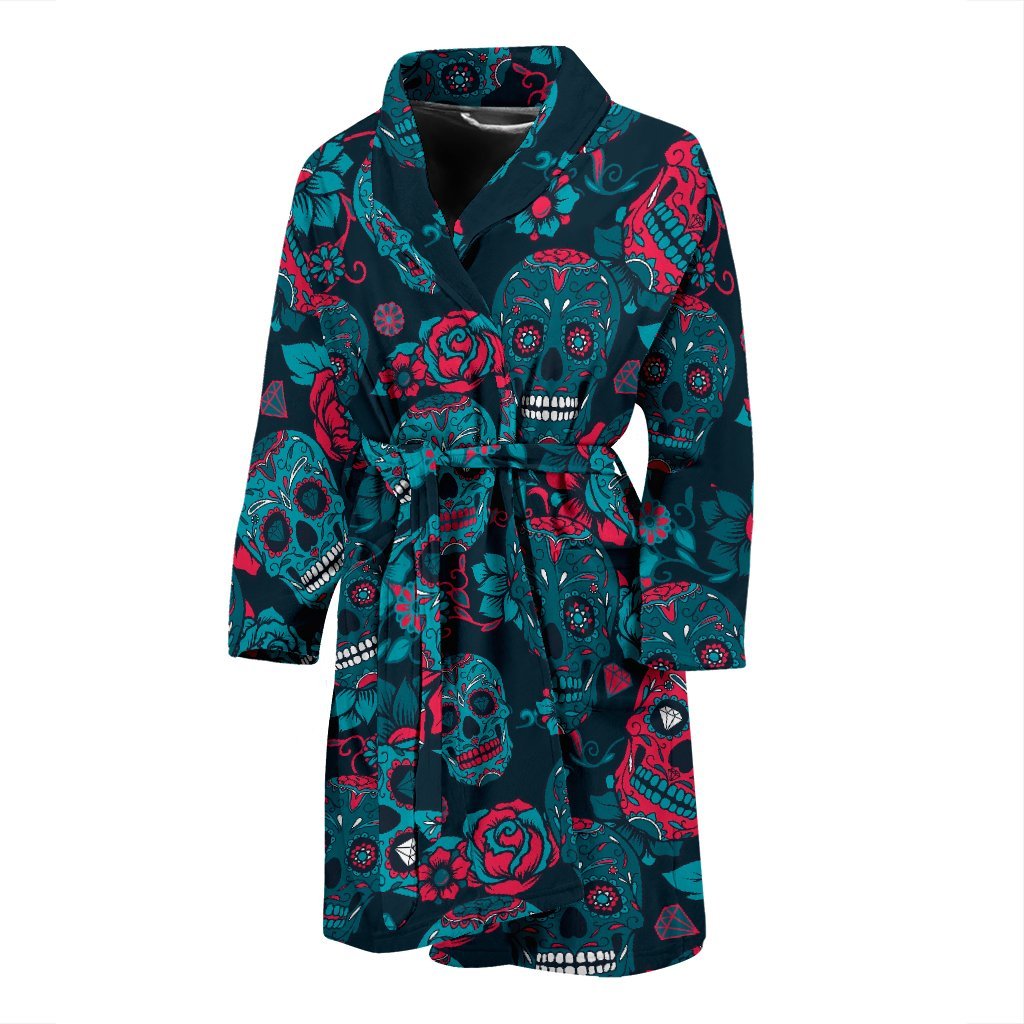 Floral Rose Sugar Skull Skeleton Girly Pattern Print Men Long Robe-grizzshop