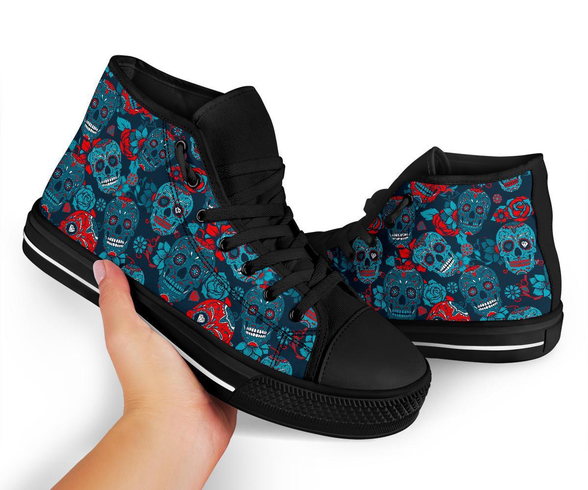 Floral Rose Sugar Skull Skeleton Girly Pattern Print Men Women's High Top Shoes-grizzshop