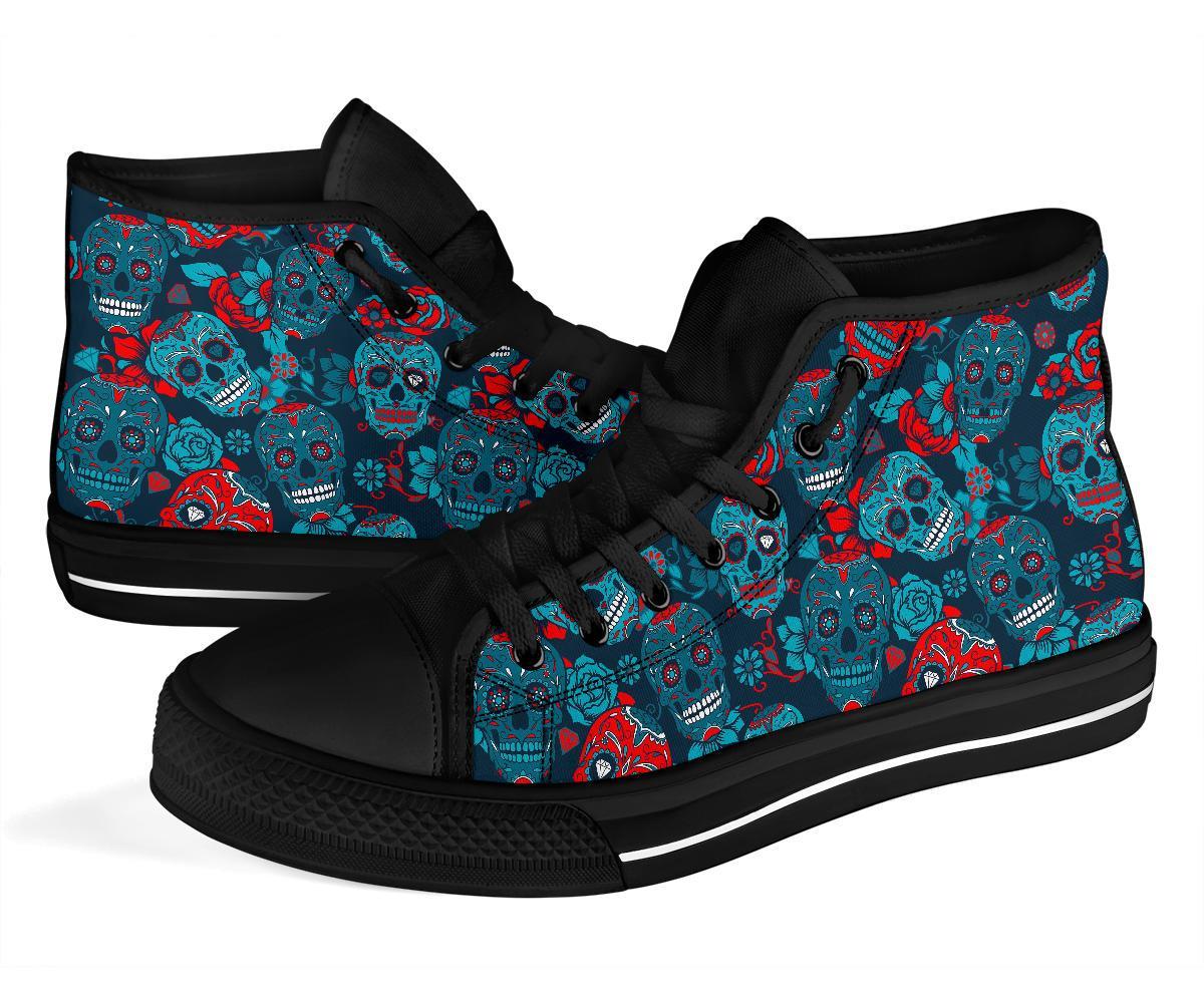 Floral Rose Sugar Skull Skeleton Girly Pattern Print Men Women's High Top Shoes-grizzshop