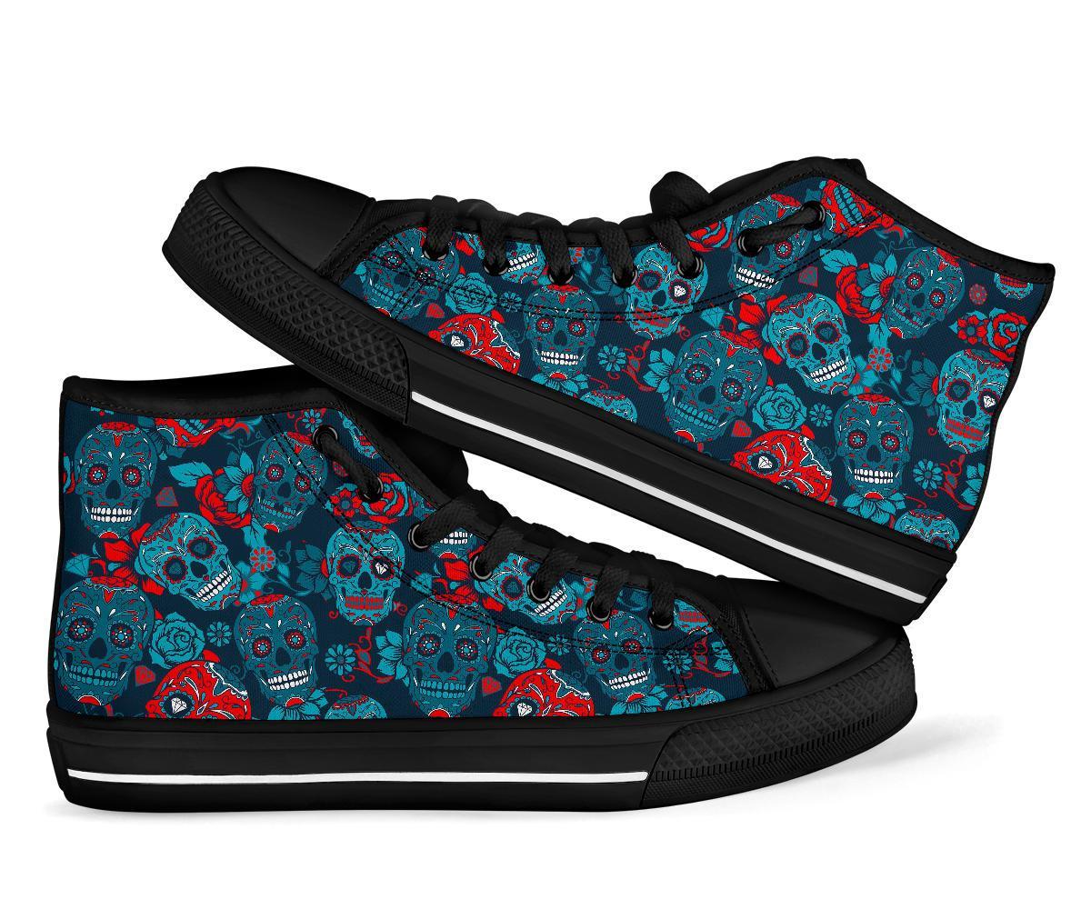 Floral Rose Sugar Skull Skeleton Girly Pattern Print Men Women's High Top Shoes-grizzshop