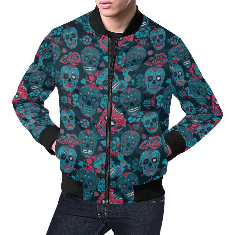 Floral Rose Sugar Skull Skeleton Girly Pattern Print Men's Bomber Jacket-grizzshop