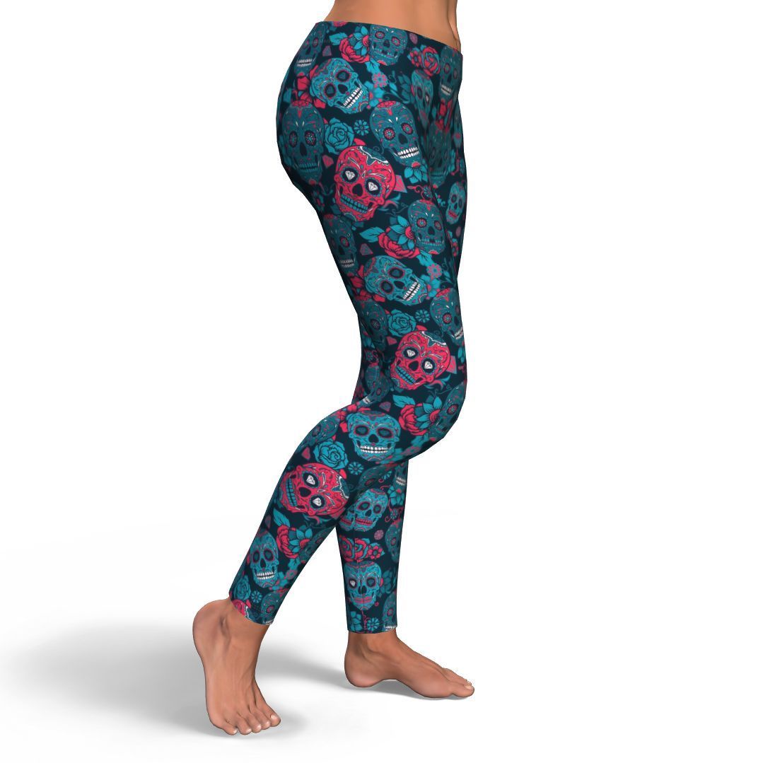 Floral Rose Sugar Skull Skeleton Girly Pattern Print Pattern Women Leggings-grizzshop