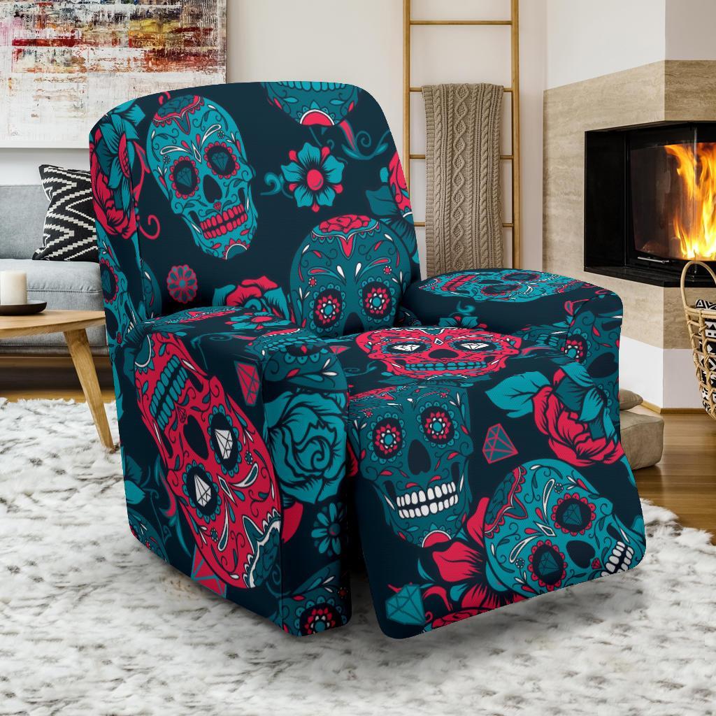 Floral Rose Sugar Skull Skeleton Girly Pattern Print Recliner Cover-grizzshop