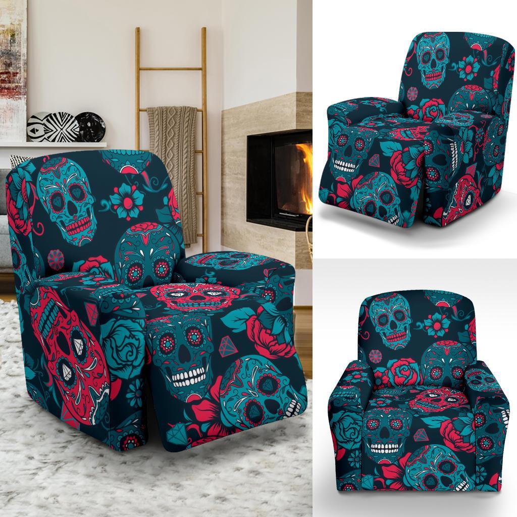 Floral Rose Sugar Skull Skeleton Girly Pattern Print Recliner Cover-grizzshop